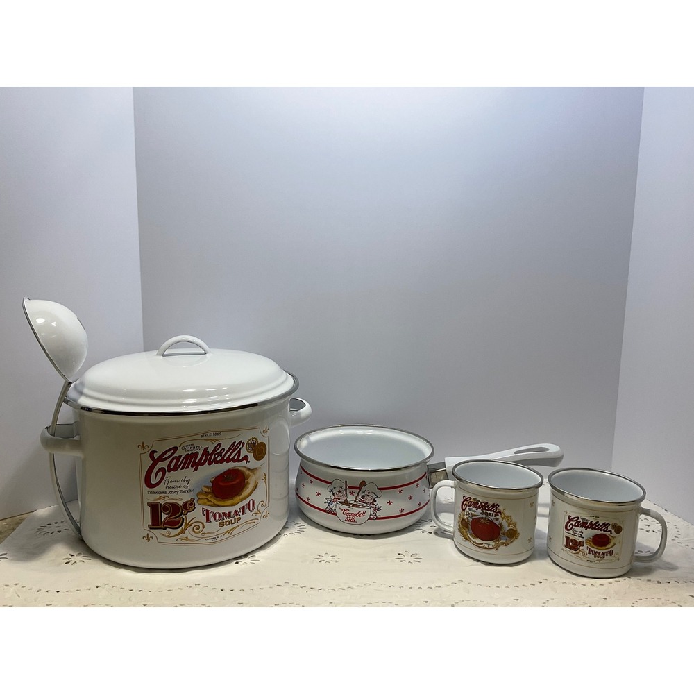 Campbells Soup Enamelware Set Stockpot Saucepan Mugs Ladle Vintage Style 5pc